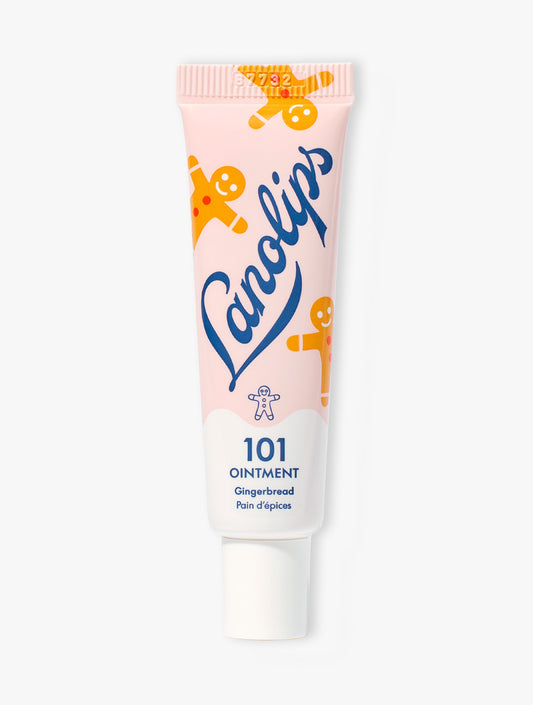 Lanolips 101 Ointment Multi-Balm Gingerbread tube with pink packaging on a white background.
