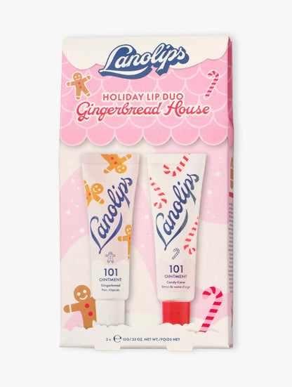 Lanolips Holiday Lip Duo Gingerbread House packaging with gingerbread and candy cane theme on a white background.
